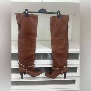 Vero Cuoio Brown Leather knee high  Boots with Gold Chain Detail